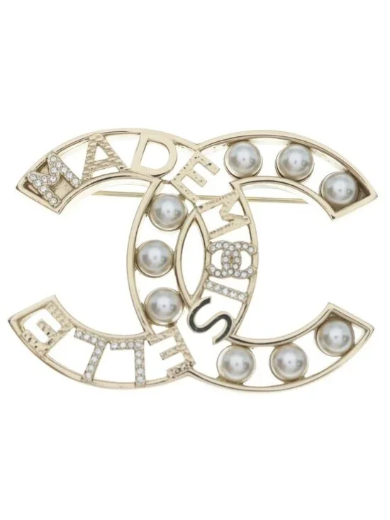 Chanel CC Logo Fakepearl Rhinestone Brooch Gold