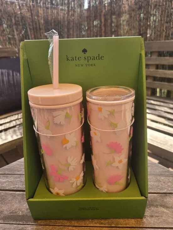 NWT Kate spade Pink Floral WALTZ Double Tumbler Set with Straw