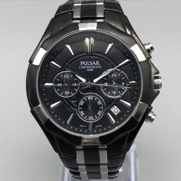 Pulsar Chronograph Mens Watch 38mm Date Stainless VD53-X060 New Battery 6.75