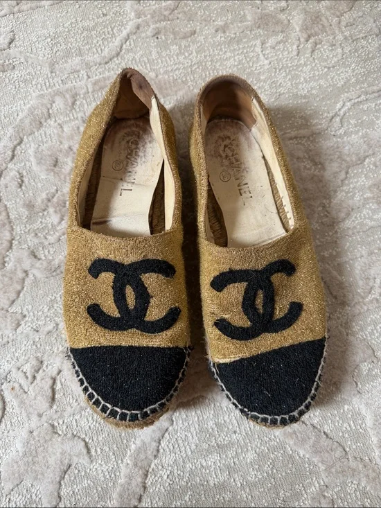 CHANEL Gold and Black Logo Espadrilles