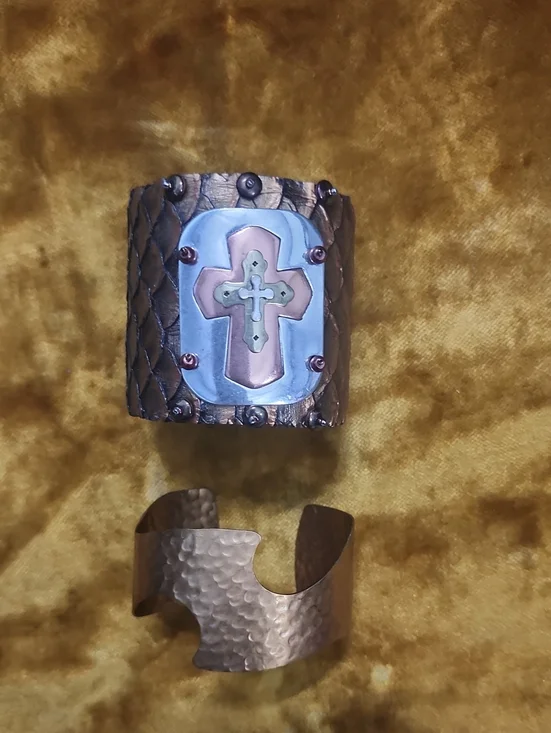 (2pc) Handcrafted Copper Cross Cuff Bracelet - Brown Copper Finish