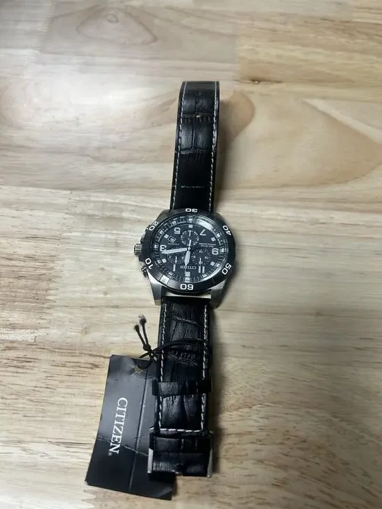 Citizen Eco-Drive Mens Chronograph Tachymeter Date Black Dial Leather Box