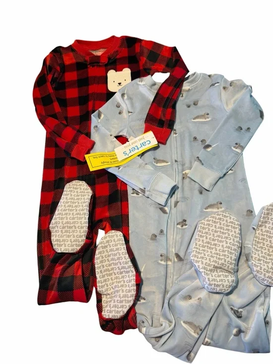 Carter's Red Buffalo Plaid & Light Blue Whale Print One-Piece Footies - 2-Pack
