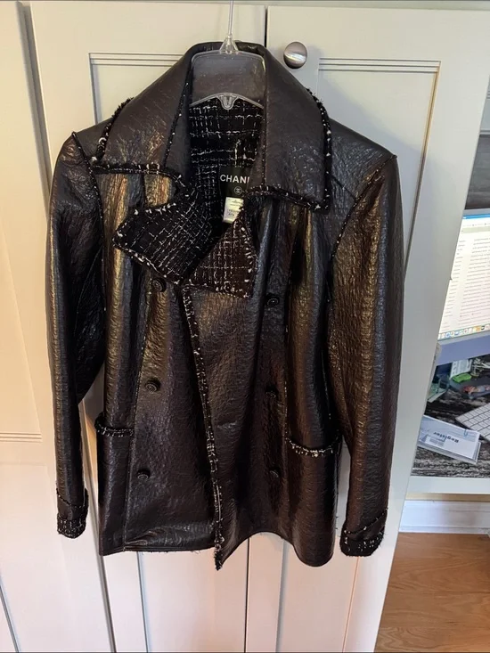 CHANEL Black Leather-Effect Jacket with Tweed Trim