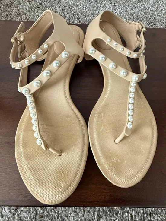 CHANEL Beige Pearl-Embellished T-Strap Sandals