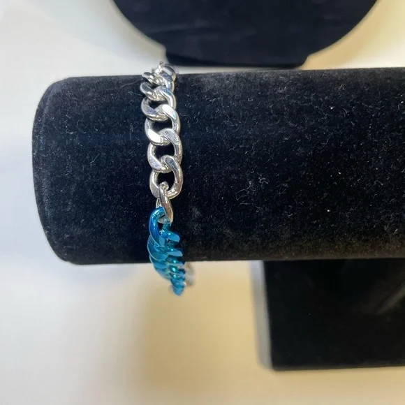 Men’s Silver and Blue Tone Cuban Chain Link Bracelet 8” with 2” Extension