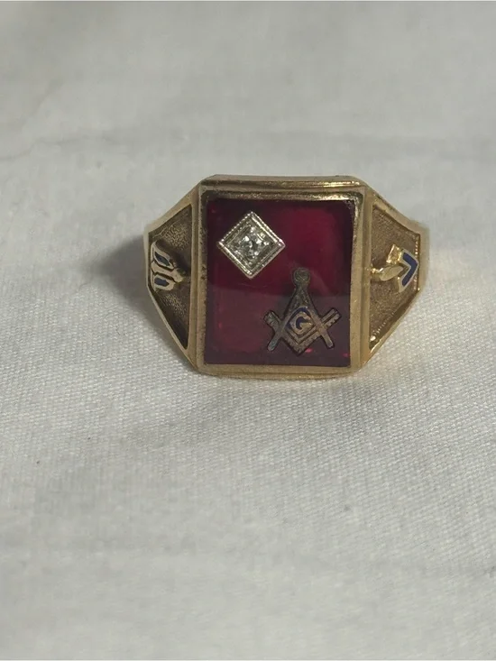 Gothic Masonic Ring Size 12.75 Diamond Accent 12 Grams 10K Gold Vintage Enamel