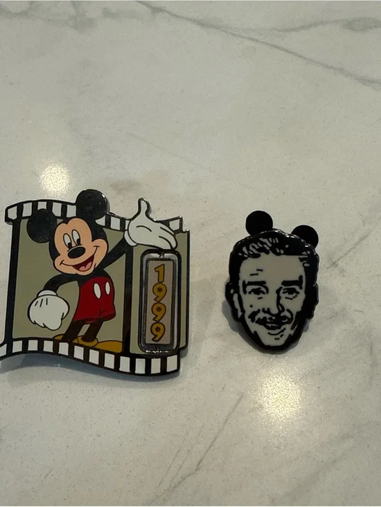 Disney Mickey Mouse Millennium Spinner Pin 1999 and Walt Disney Head Pin