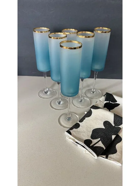 Frosted Blue Champagne Flutes With Gold Rim Set Of 5 HTF Modern