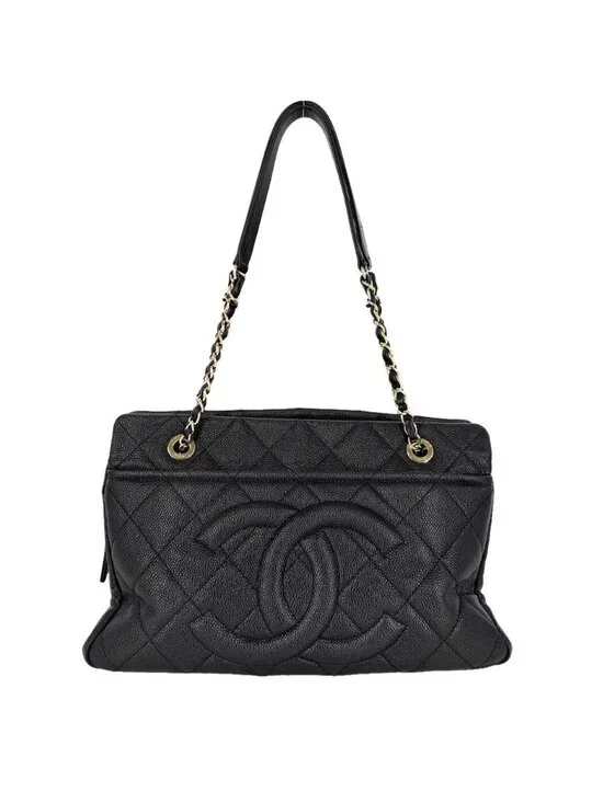 Chanel Handbag Quilted Chain Tote CC Logo Shoulder Caviar Leather Black Gold