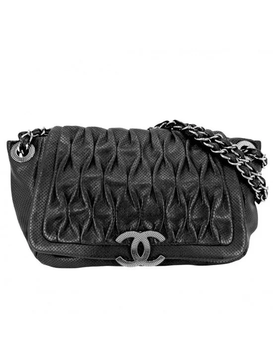 Chanel Shoulder Bag Perforated Mesh Chain Handle CC Logo Coco Leather Black