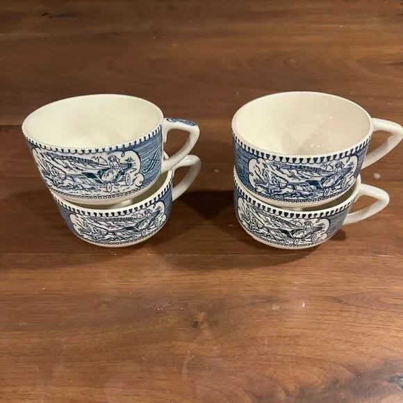Set Of 4 Currier & Ives Coffee Cups Horse Buggy Cups Cup Mug Blue Royal China