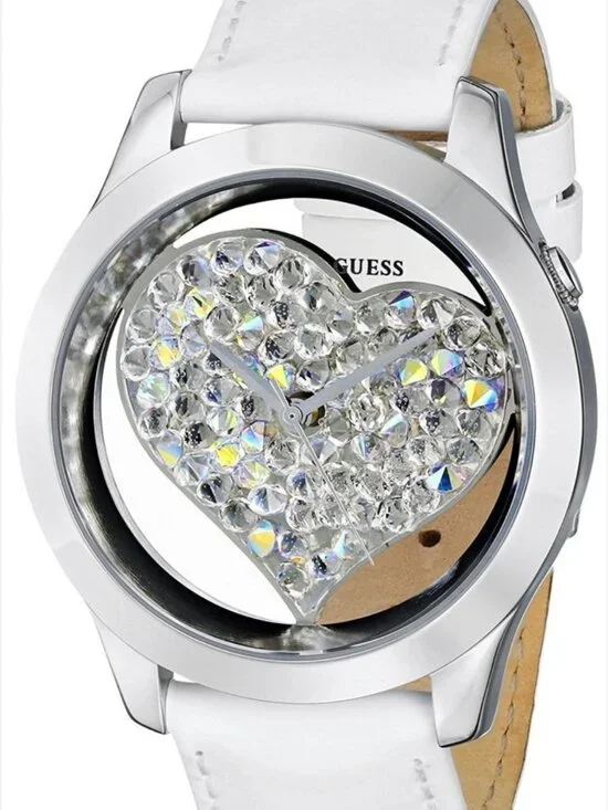 GUESS | Clearly Heart Silver-tone White Patent Leather Band-NEW Battery