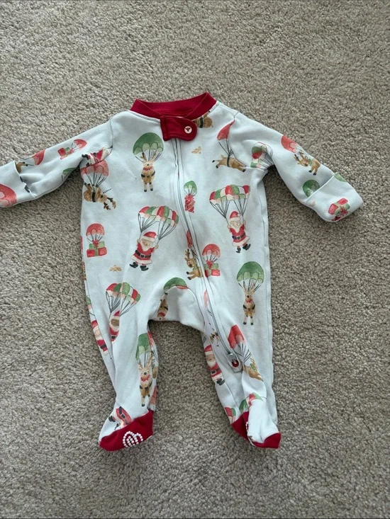 Holiday Santa and Reindeer Footed One-Piece - Red Trim