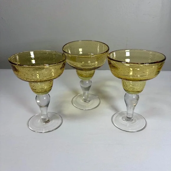 Amber Seeded Glass Margarita Glasses Set of 3 Hand Blown‎ Clear Stem 7 Inch