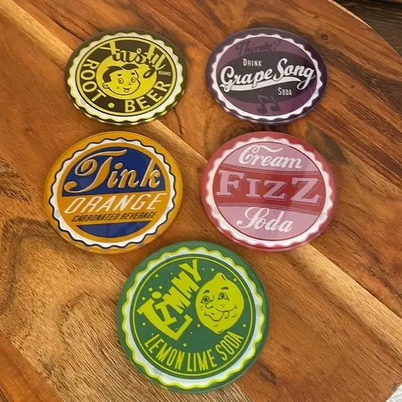 Unique Vintage Set of 5 Retro Soda Bottle cap glass‎ coasters