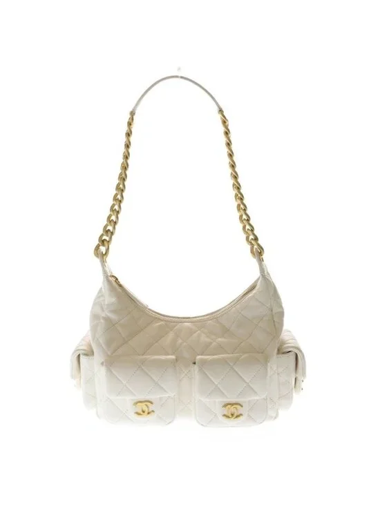 Chanel Quilted Large Hobo Chain Shoulder Bag Lambskin Gold White