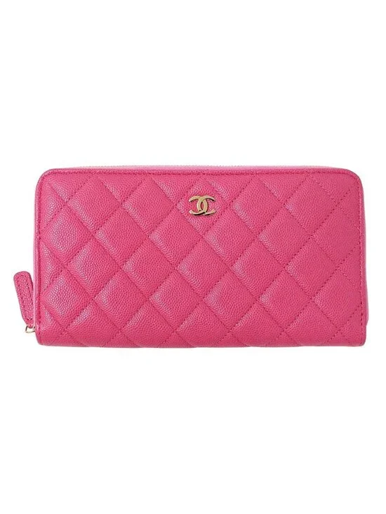 Chanel Wallet Quilted Chief Caviar Leather Pink Gold Zip Around