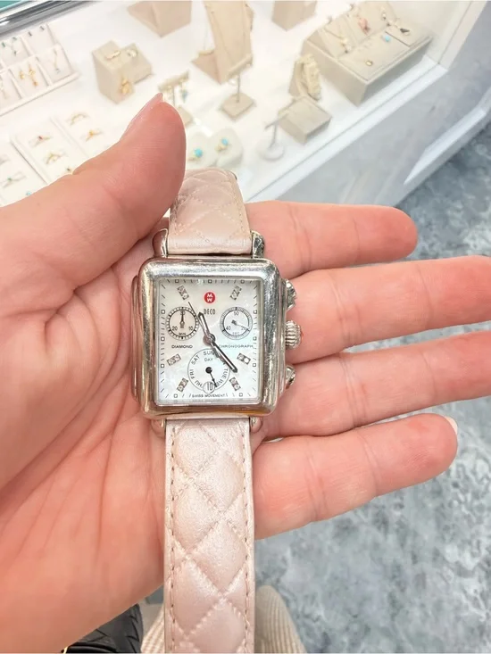 Michele Square Mother-of-Pearl Dial Watch with Pale Pink Quilted Strap