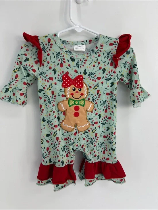 Baby Girl Boutique Gingerbread Holiday Mint/Green Ruffle Romper - 3 months
