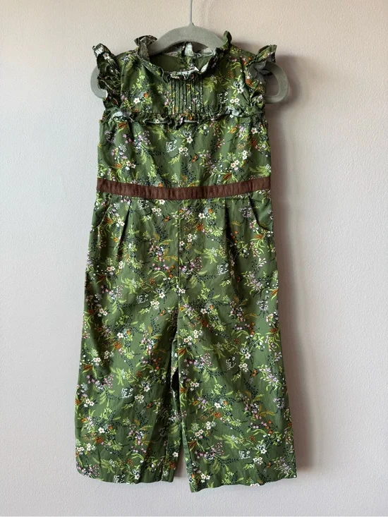 Janie and Jack Girl’s Green Floral Ruffle Sleeve Wide Leg Romper Jumpsuit 2T