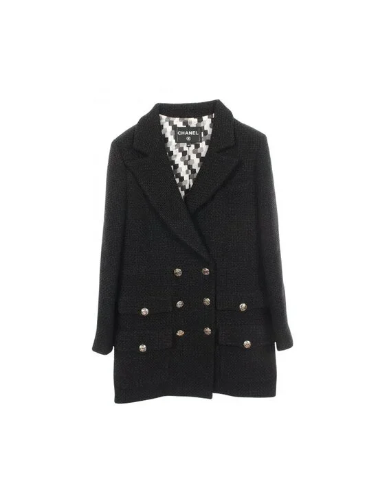 Chanel Tailored Jacket CC Logo Button Double Breasted Tweed Black Wool