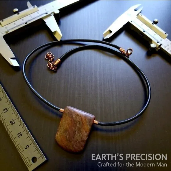 Rugged & Masculine!  Striated Brown Jasper Tablet + Genuine Leather Cord 20+2