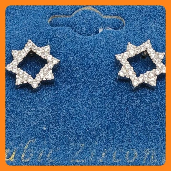 Vintage 1990s Cubic Zirconia Geometric Star Stud Earrings Silver Tone‎ New