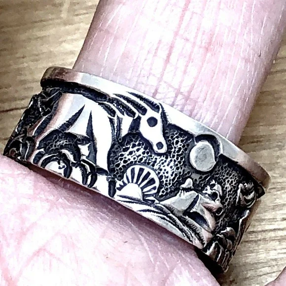 Navajo Horse Storyteller Mens Band Sz 11 Signed Becenti Sterling Wedding‎ Ring