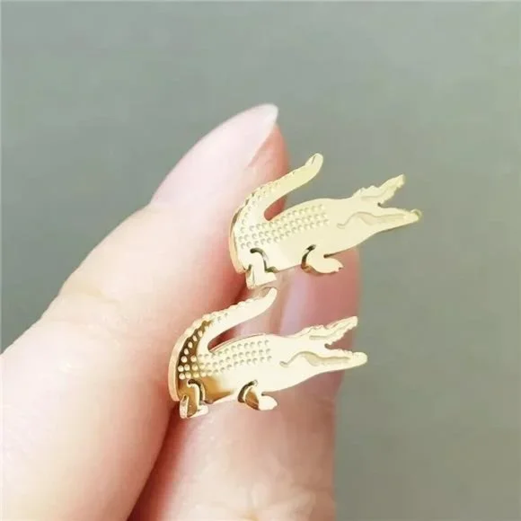 Lacoste Earrings Alligator Gold - Plated Metal Stud, Pair, For Men or Women Croc