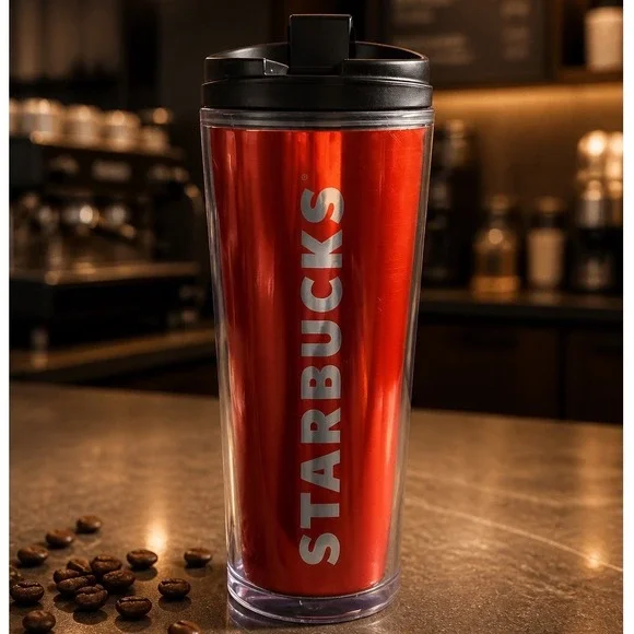Starbucks 2009 Metallic Red Insulated Travel Tumbler Mug 16oz Grande Clear Shell