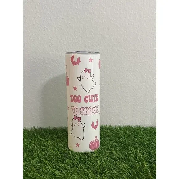 Too‎ Cute To Spook 20oz Spooky Pink Ghosts Pumpkins BatsTumbler Lid StrawCleaner