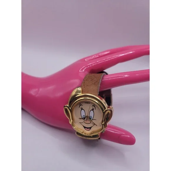 Vintage Disney Dopey Timex Watch Snow White Seven Dwarfs Gold Tone Leather