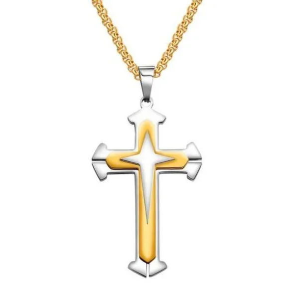 ❤️Gold and Silver HipHop Cross Necklace Religious, N90201P101