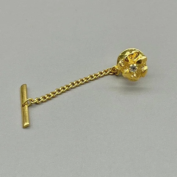 Vintage Gold Tone Tie Pin Flower Rhinestone Tie Tack Chain Bar Men's Accessory