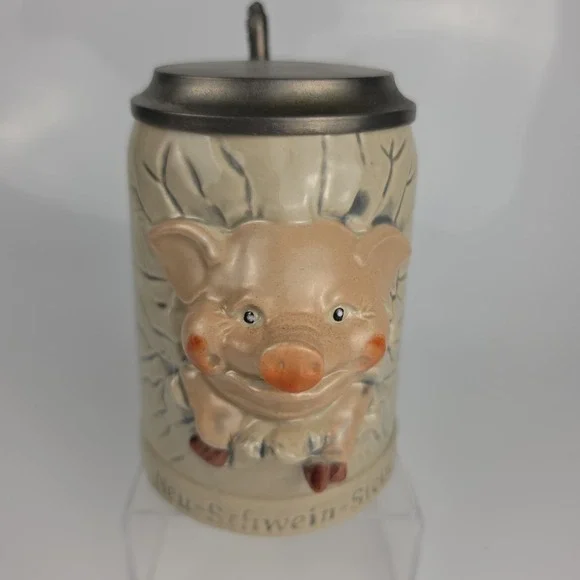Diener Neu Schwein Stein German Pig Stoneware Character Stein Pewter Lid