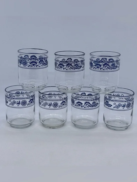VTG 1970's Lot of 7 Libbey Corelle Old Towne Blue Onion 6oz Juice Glasses