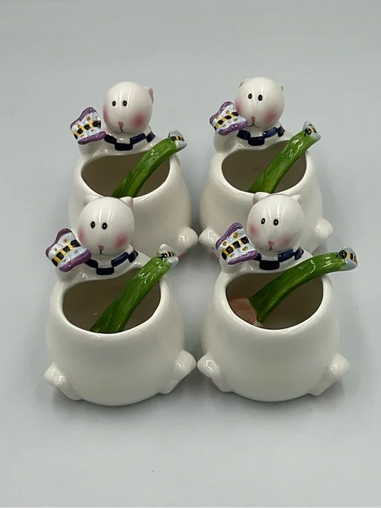 Vintage Mercuries Whimsical Spring Rabbit Teacups w/ Stirring Spoons- Set of 4