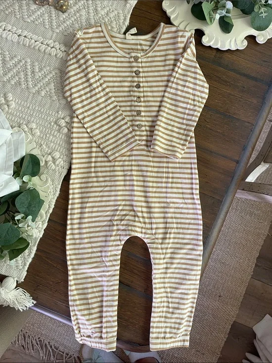 Striped Long-Sleeve One-Piece Romper in Tan and White