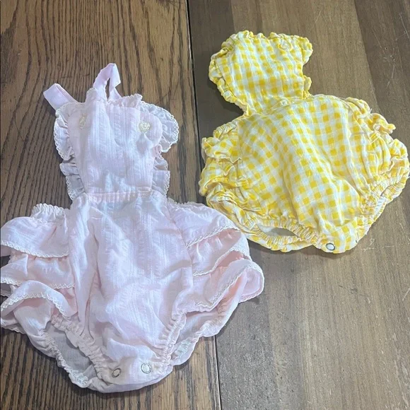 Vintage Stonewear Pink Ruffle Baby Romper & Yellow Gingham Hooded Romper Set