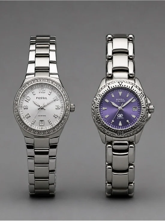 Fossil Women's Silver Bracelet Watches with White and Purple Dials