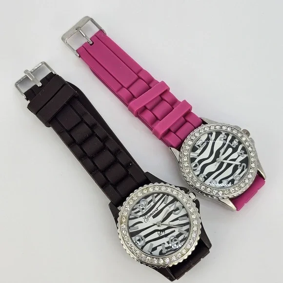 2X Women's‎ Watch 38MM Animal Print Dial Brown Pink Plastic Bands New Battery