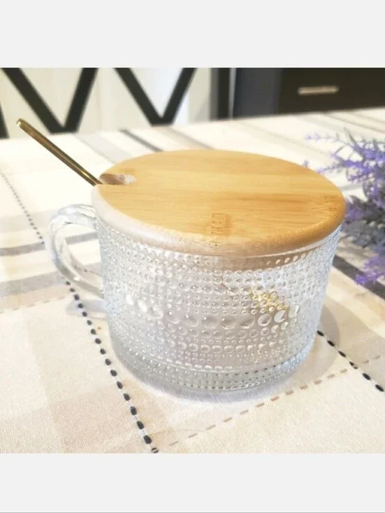 14oz. Vintage Style Glass Coffee Mug with Golden Spoon and Bamboo Lid
