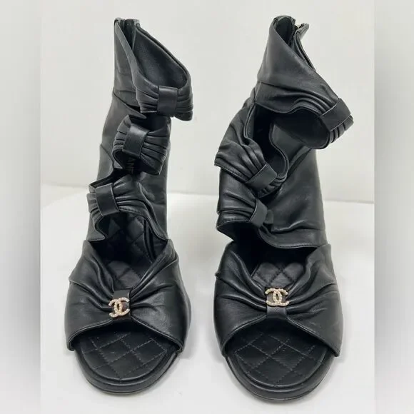 Chanel Ruched Open Toe Leather Camellia Booties Black