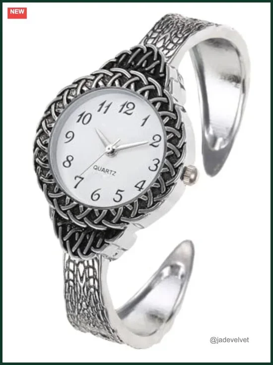 Women Vintage Cuff Bracelet Watch Quartz Arabic Numerals Stainless Steel