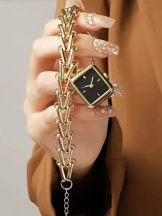 Gold Chain Bracelet Watch with Black Dial - Women's Fashion Accessory