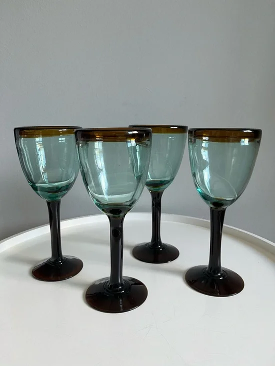 Set of 4 KALALOU Amber Rim Wine Glass Hand Blown in Colombia