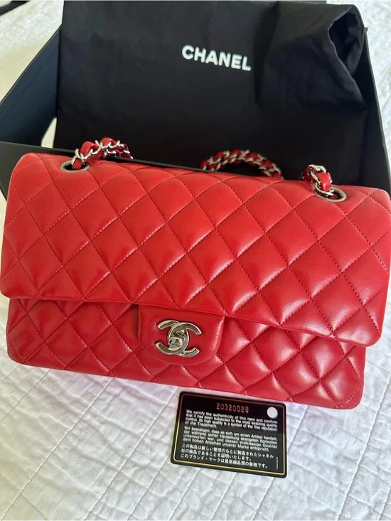 CHANEL Classic Quilted Lambskin Medium Double Flap Red Excellent Condition
