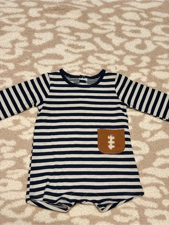 Mud Pie 9-12m Striped Navy & Cream Baby Romper with Brown Pocket