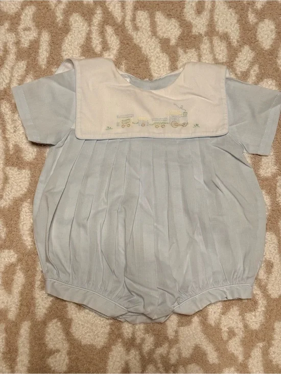 Petit Ami 3m Light Blue Baby Bubble Romper with Train Embroidery